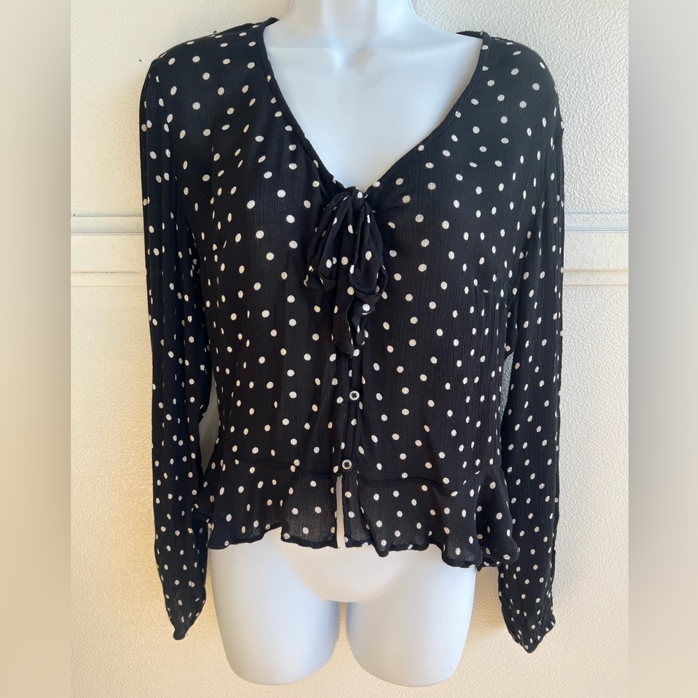 Abercrombie & Fitch Black & White Polka Dot Semi Sheer Button Up Blouse
Medium